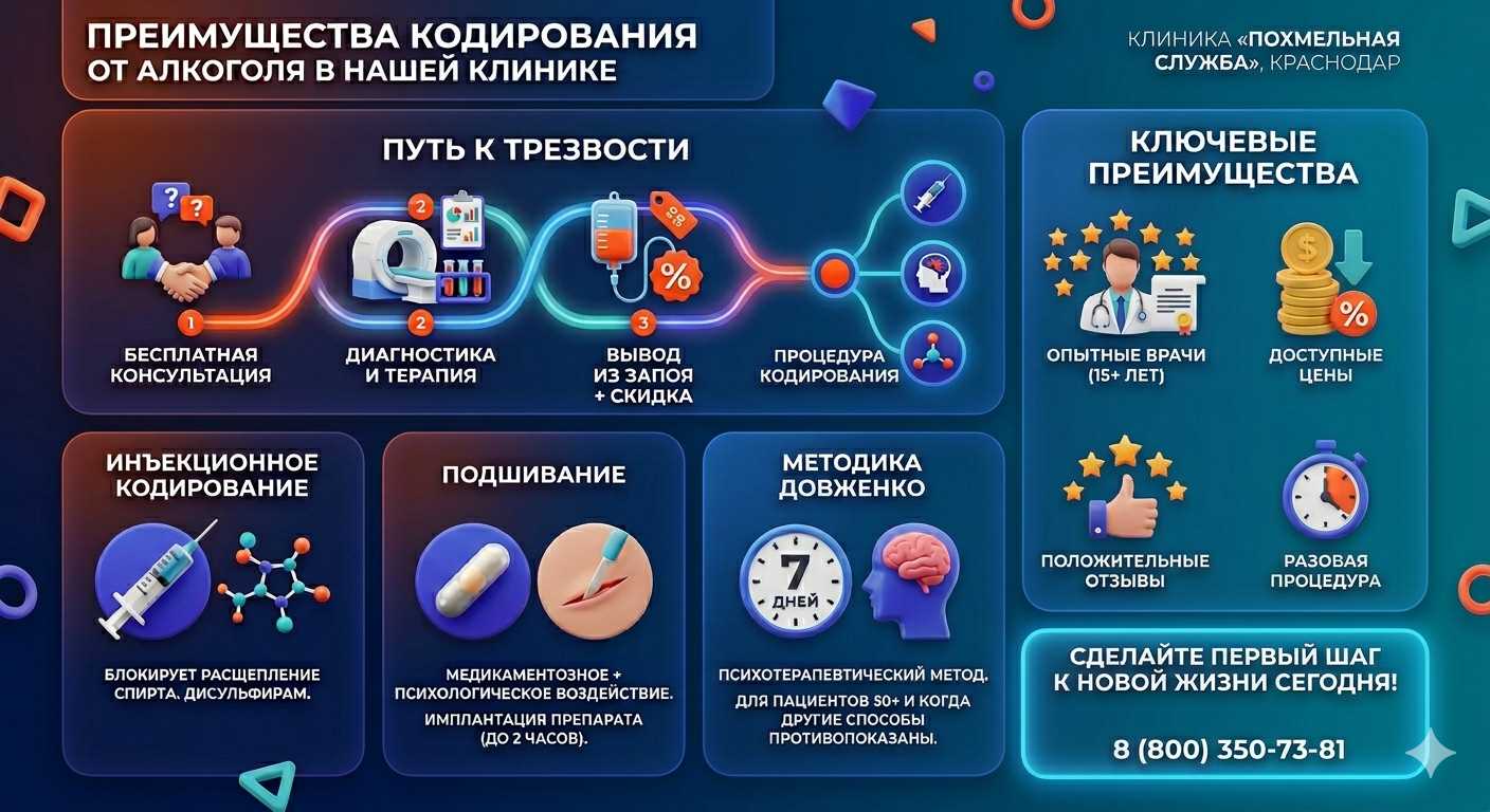 Инфографика о методах кодирования от алкоголя в Коченёво: инъекции, подшивание, метод Довженко. Преимущества клиники и этапы лечения.
