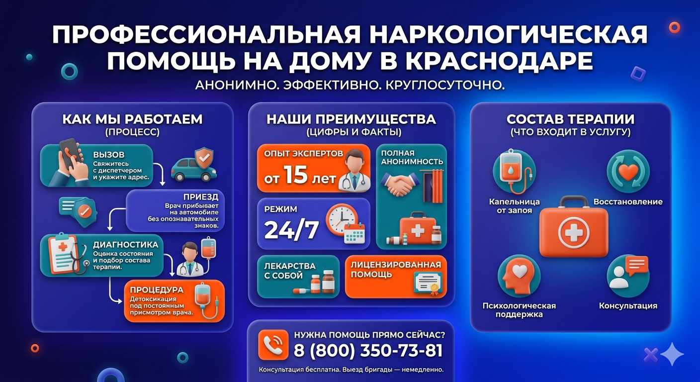 Инфографика о принципах лечения алкоголизма на дому в Коченёво: этапы вызова нарколога, преимущества анонимной детоксикации и состав медицинской помощи.